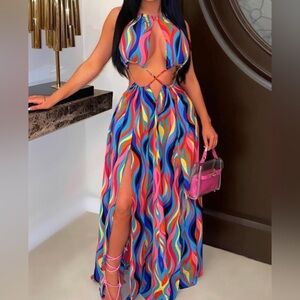 Multi-Color Cutout Halter Maxi Dress